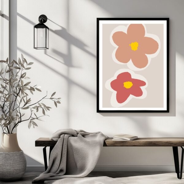 minimalist design of orange and red flower wall art hanging on wall
