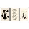 Three framed artworks featuring abstract vases and floral designs in black and white on a light background.