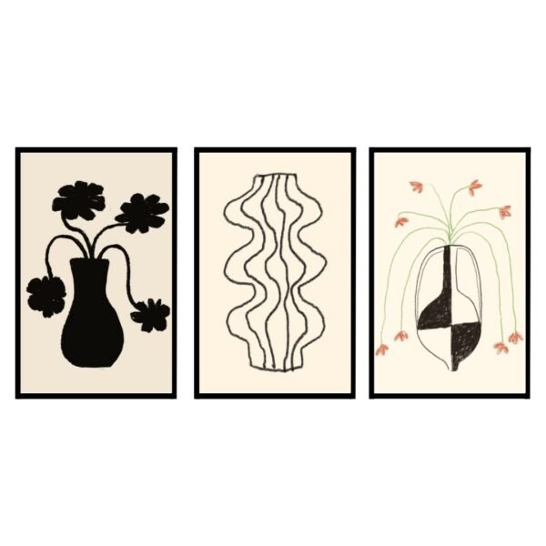 Three framed artworks featuring abstract vases and floral designs in black and white on a light background.