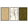 Three framed art prints featuring abstract line drawings of a female figure, a leaf design, and a stylized torso in earthy tones.