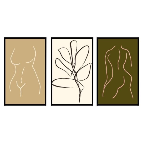 Three framed art prints featuring abstract line drawings of a female figure, a leaf design, and a stylized torso in earthy tones.