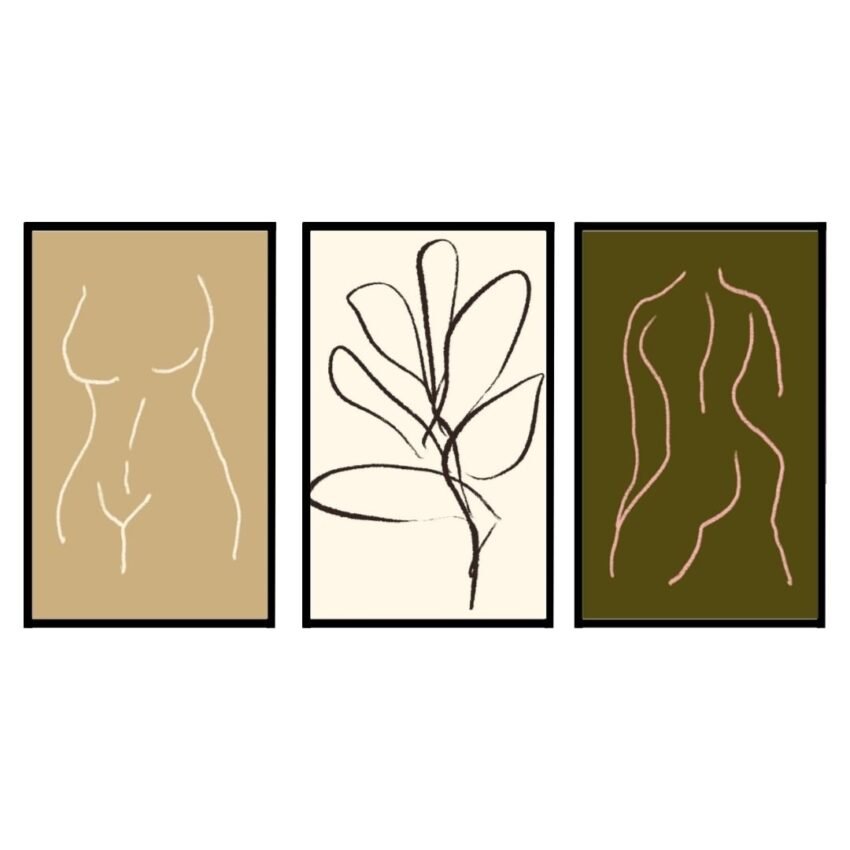 Three framed art prints featuring abstract line drawings of a female figure, a leaf design, and a stylized torso in earthy tones.