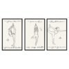 Three framed art prints featuring minimalist line drawings of yoga poses with text: 'Sun', 'Mud', and 'Hatha'.