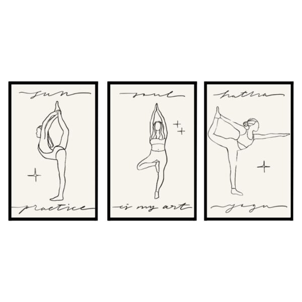 Three framed art prints featuring minimalist line drawings of yoga poses with text: 'Sun', 'Mud', and 'Hatha'.