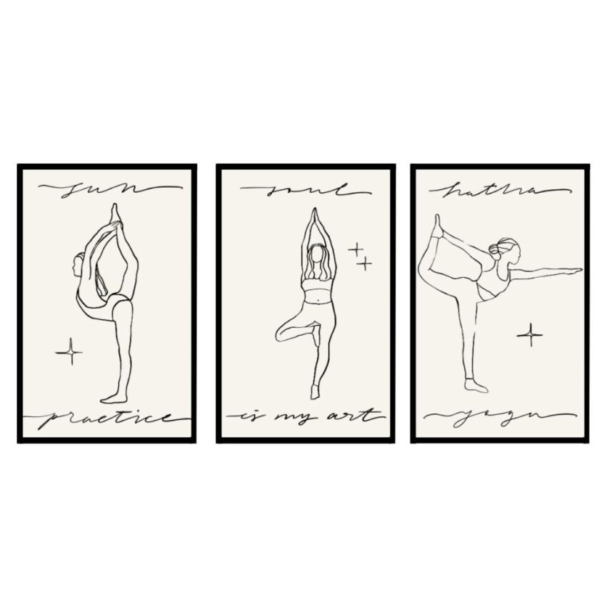 Three framed art prints featuring minimalist line drawings of yoga poses with text: 'Sun', 'Mud', and 'Hatha'.