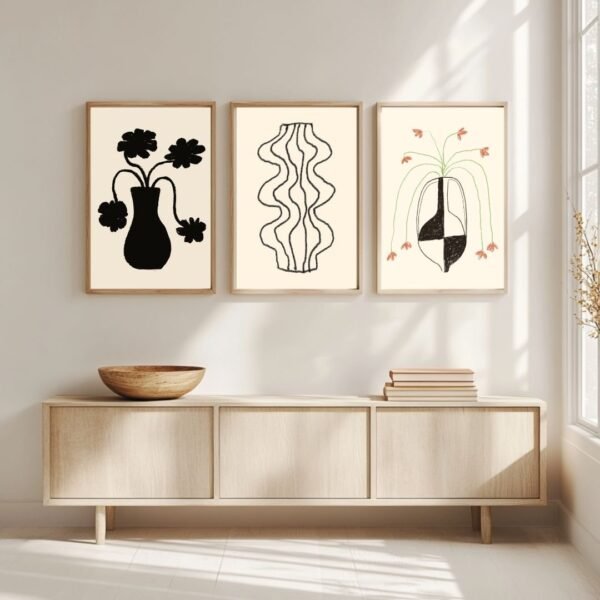 Three framed artworks featuring abstract vases and floral designs in black and white on a light background.
