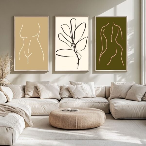 Three framed art prints featuring abstract line drawings of a female figure, a leaf design, and a stylized torso in earthy tones.