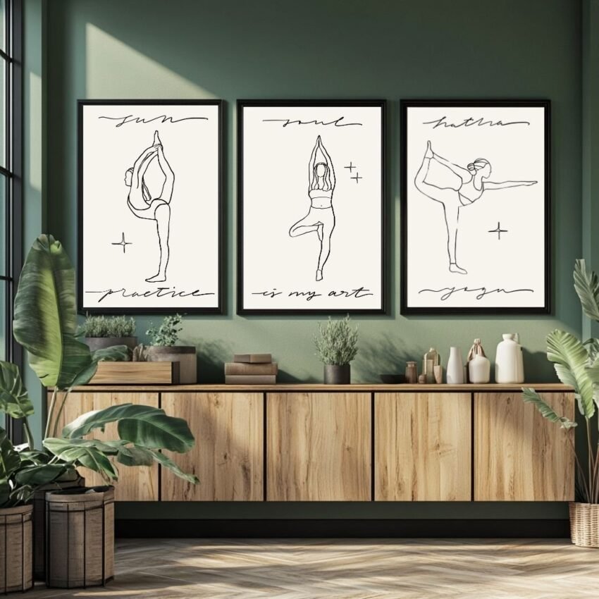Three framed art prints featuring minimalist line drawings of yoga poses with text: 'Sun', 'Mud', and 'Hatha'.