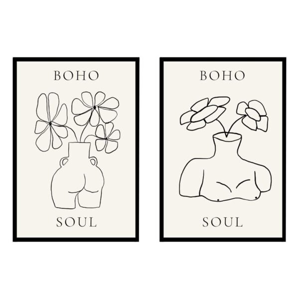 Two framed prints featuring minimalist line drawings of vases with flowers, labeled 'BOHO SOUL' at the bottom.