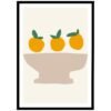 Art print featuring three orange fruits with green leaves on a neutral background, displayed in a simple bowl shape.