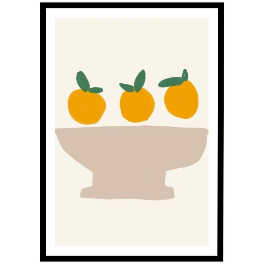 Art print featuring three orange fruits with green leaves on a neutral background, displayed in a simple bowl shape.