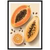 Halved papaya with black seeds and a sliced orange on a light background, showcasing the fruit's vibrant colors and textures.