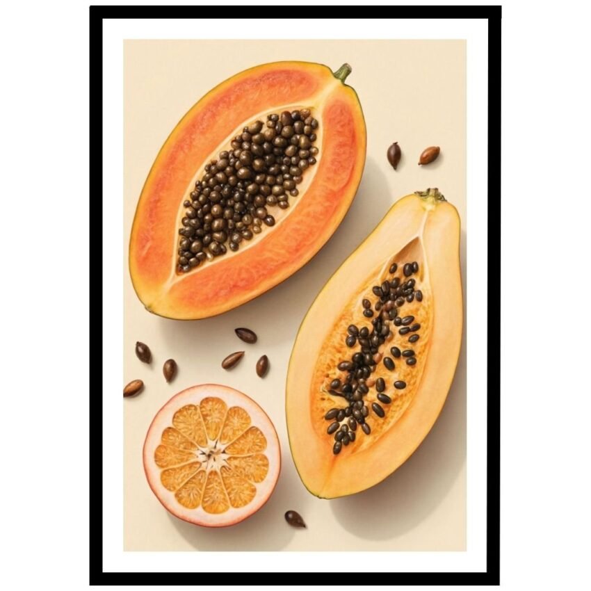 Halved papaya with black seeds and a sliced orange on a light background, showcasing the fruit's vibrant colors and textures.
