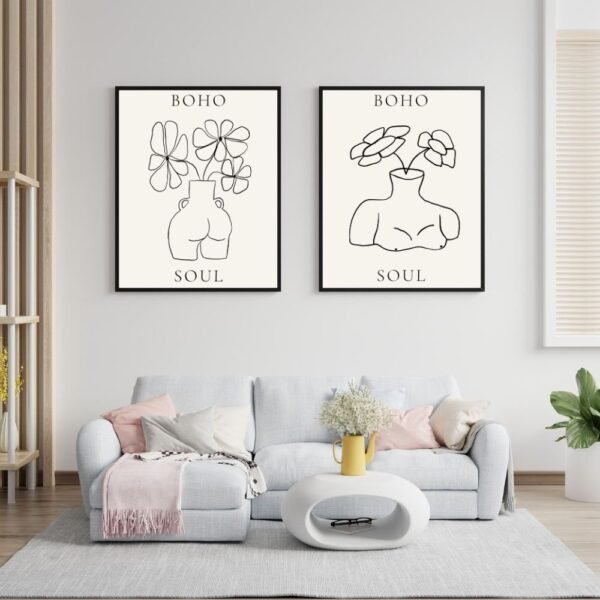 Two framed prints featuring minimalist line drawings of vases with flowers, labeled 'BOHO SOUL' at the bottom.