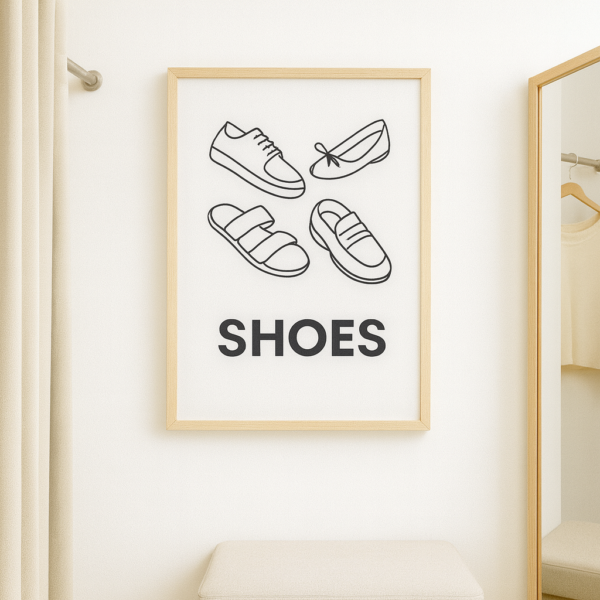 Illustration of four different types of shoes, including sneakers, flats, sandals, and loafers, with the word 'SHOES' below.