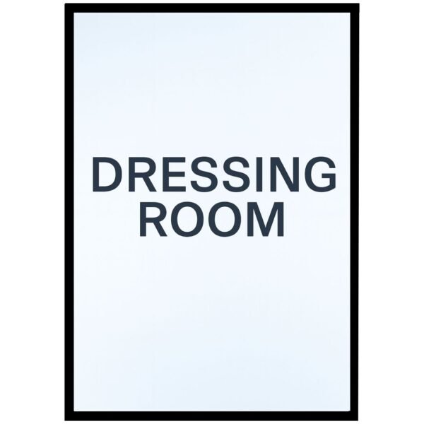 Framed print displaying the text 'DRESSING ROOM' in bold black letters on a light background.