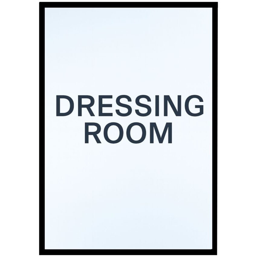 Framed print displaying the text 'DRESSING ROOM' in bold black letters on a light background.