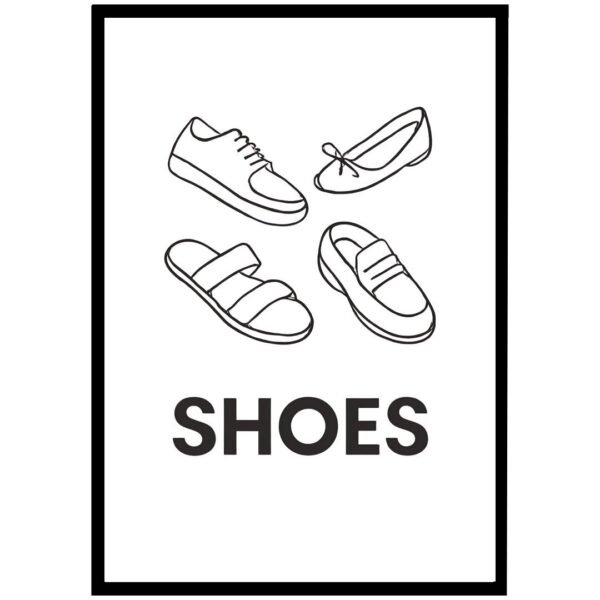 Illustration of four different types of shoes, including sneakers, flats, sandals, and loafers, with the word 'SHOES' below.