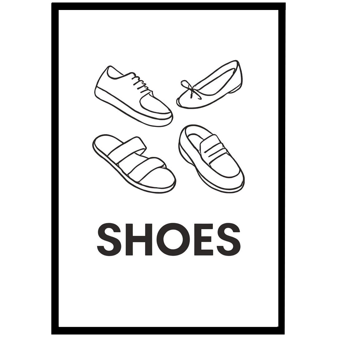 Illustration of four different types of shoes, including sneakers, flats, sandals, and loafers, with the word 'SHOES' below.