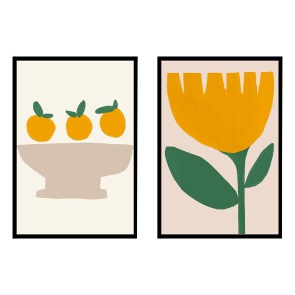 Two framed artworks: one with three oranges in a bowl, the other featuring a large yellow flower with green leaves.