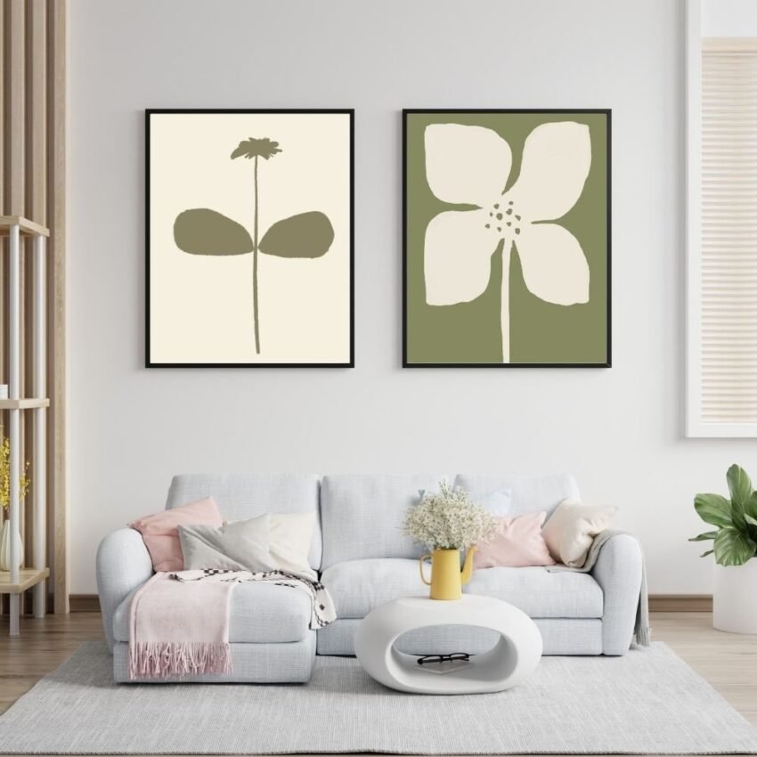Two framed botanical prints featuring a simple flower design on the left and a larger flower illustration on the right, both in muted colors.