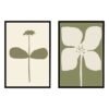 Two framed botanical prints featuring a simple flower design on the left and a larger flower illustration on the right, both in muted colors.