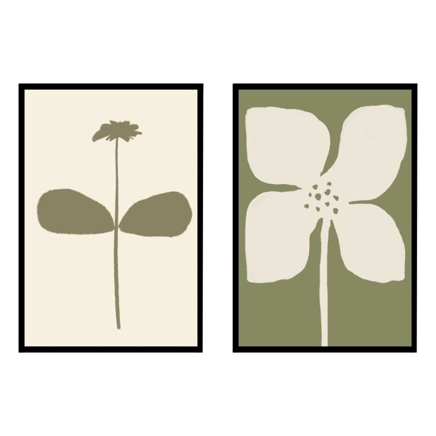 Two framed botanical prints featuring a simple flower design on the left and a larger flower illustration on the right, both in muted colors.