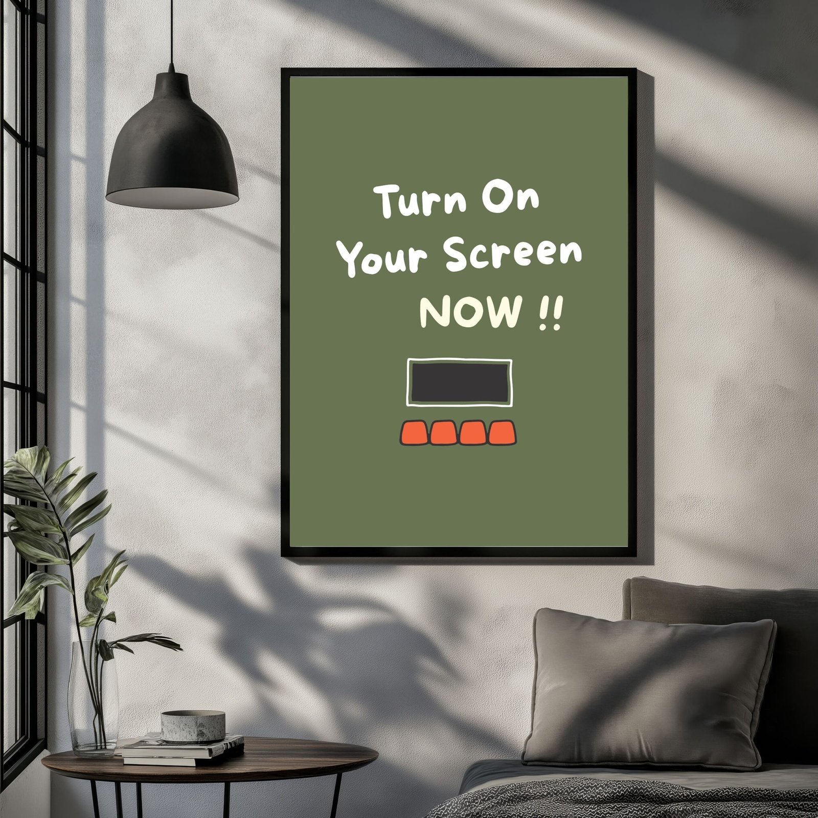 Framed wall art with the text 'Turn On Your Screen NOW !!' and a graphic of a computer screen on a green background.