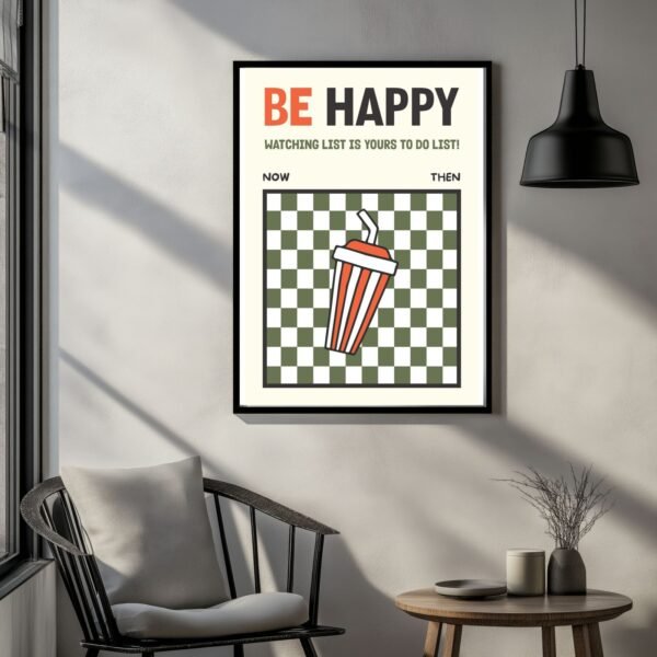 Framed print with the text 'BE HAPPY' and a graphic of a striped drink cup on a checkered background.