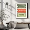 Framed wall art featuring three colorful movie ticket designs with the text 'WATCHING list is waiting' in green, orange, and red.