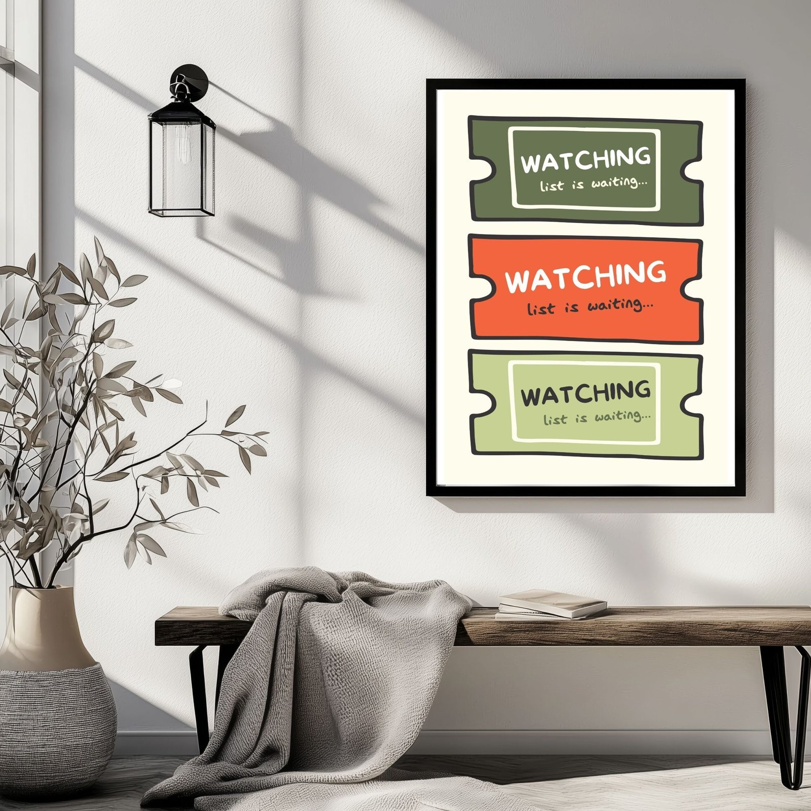 Framed wall art featuring three colorful movie ticket designs with the text 'WATCHING list is waiting' in green, orange, and red.