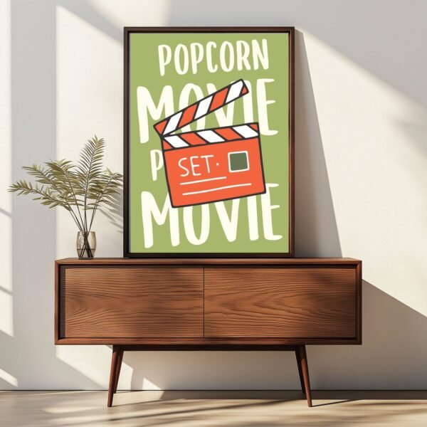 Framed art print featuring a movie clapperboard with the words 'Popcorn Movie Set' on a green background, displayed on a wooden console table.