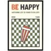 movie-prints-5.jpg Framed print with the text 'BE HAPPY' and a graphic of a striped drink cup on a checkered background.