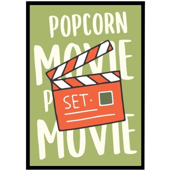 Framed art print featuring a movie clapperboard with the words 'Popcorn Movie Set' on a green background, displayed on a wooden console table.