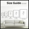 Size guide displaying various frame dimensions for artwork, including A4, A3, A2, A1, and larger sizes, with a simple flower illustration.