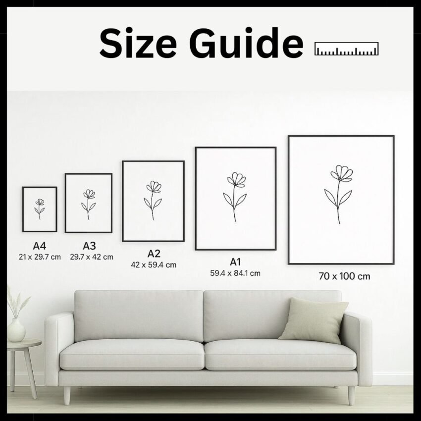 Size guide displaying various frame dimensions for artwork, including A4, A3, A2, A1, and larger sizes, with a simple flower illustration.